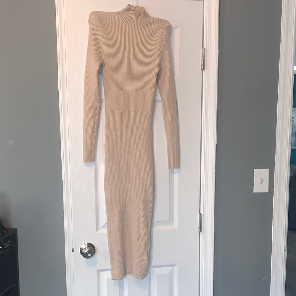 Elegant Beige Knit Turtleneck Dress